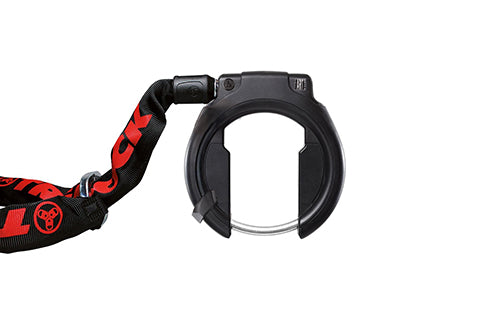 Rahmenschloss für Fahrräder mit integriertem Kabelschloss, schwarzes Design, geeignet zur Diebstahlsicherung.