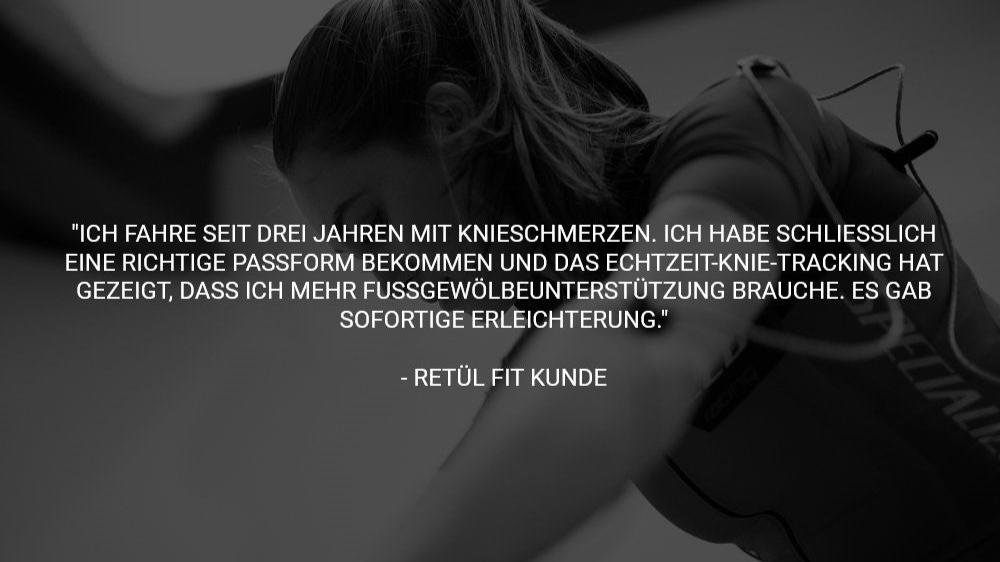 Frau auf einem Fahrrad mit Zitat über Retül Fit; Fokus auf Passform und Echtzeit-Knie-Tracking zur Schmerzlinderung.