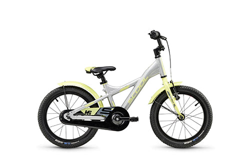 Kinderfahrrad von S'cool in Gelb und Grau, 16 Zoll, für junge Radfahrer, geeignet für Anfänger.