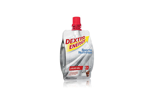 Dextro Energy Sports Nutrition Liquid Gel, Geschmacksrichtung Cola, für Sportler in silberner Quetschpackung mit rotem Verschluss.