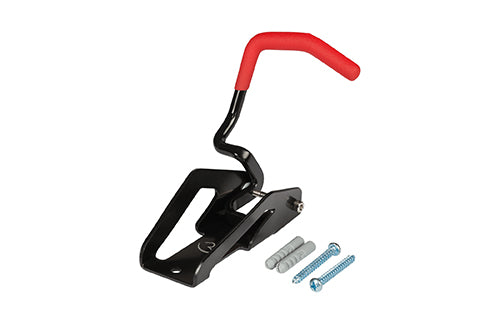 Schwarzer Fahrradhalter mit rotem Griff, Wandmontage, inkl. Schrauben und Dübel, für Fahrrad-Aufbewahrung.