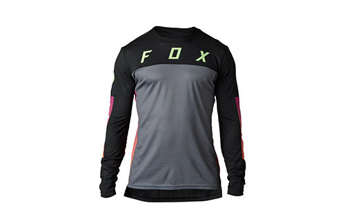 Mountainbike-Trikot von FOX, langärmlig, schwarz-grau mit leuchtenden Akzenten. Ideal für Outdoor-Sportler.