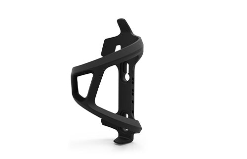 Schwarzer Fahrrad-Trinkflaschenhalter aus Kunststoff mit modernem Design für sicheres Transportieren der Flasche während der Fahrt.