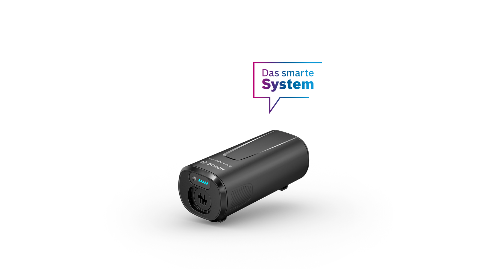 Schwarze Bosch PowerTube 320 Batterie mit Leuchtanzeige, Teil eines intelligenten Systems.