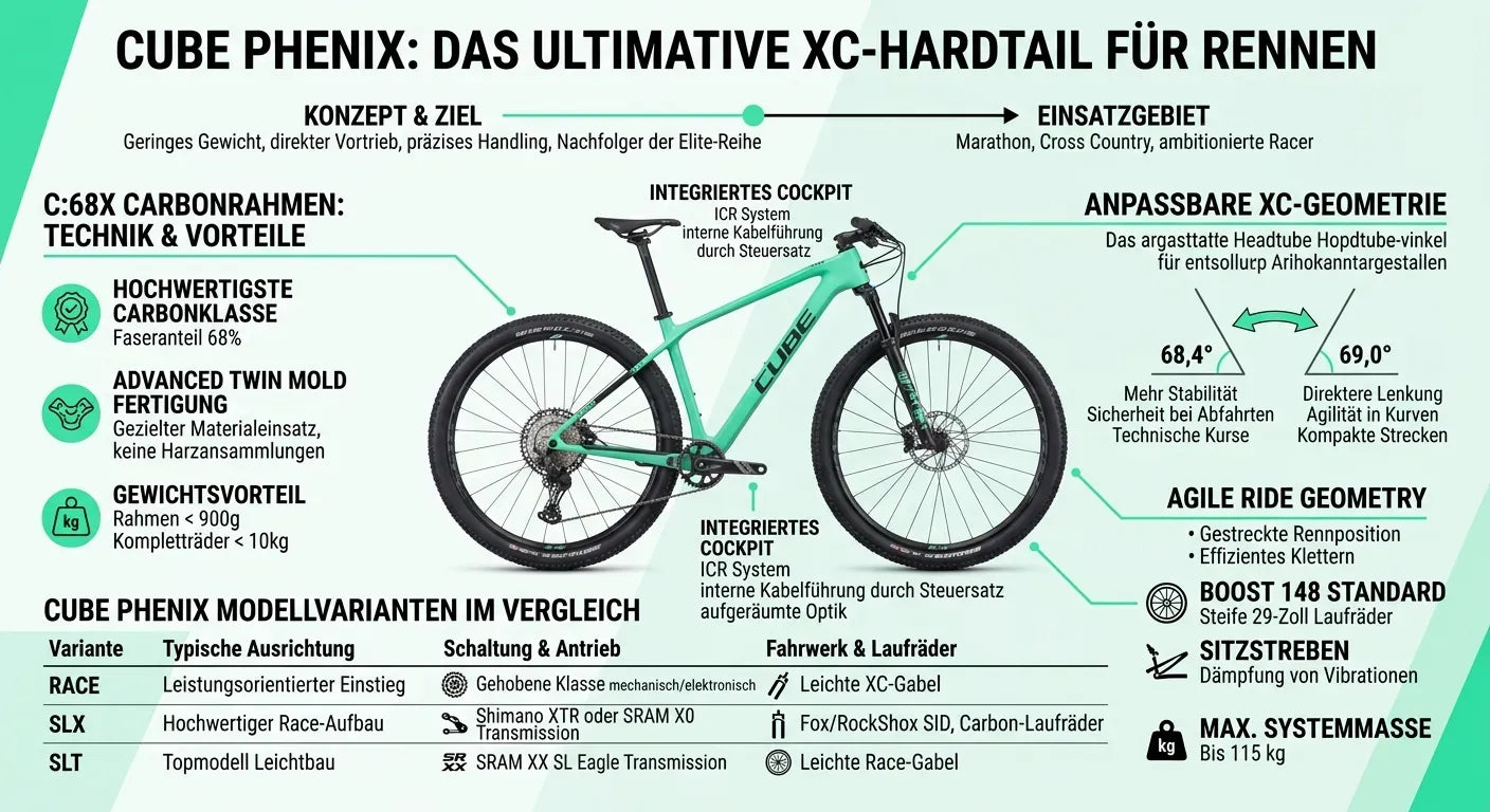 Cube Phenix XC-Hardtail, leichtes Carbonrad für Marathon und Cross-Country mit anpassbarer Geometrie, Modellvarianten Race, SLX, SLT.