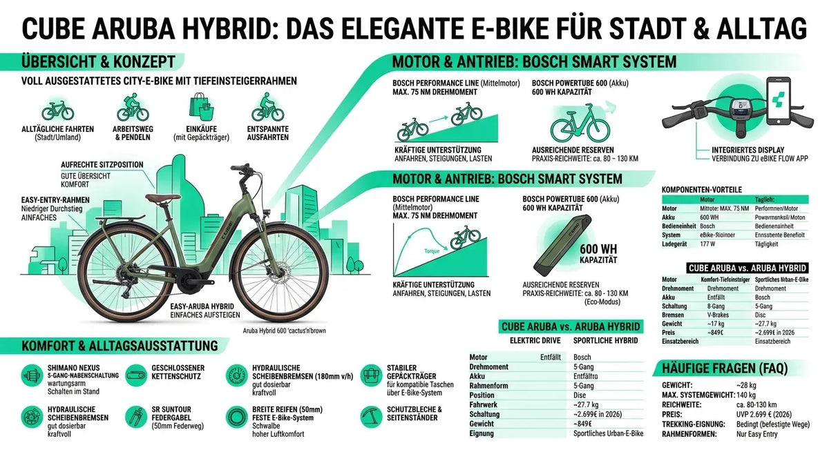 Cube Aruba Hybrid E-Bike mit Bosch Smart System, ideal für Stadtfahrten. Tiefeinstiegsrahmen, integriertes Display, 600 Wh Akku.