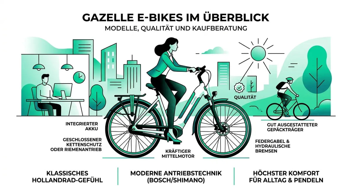 Illustration von Gazelle E-Bike mit Frau; Merkmale wie integrierter Akku, Mittelmotor, Komfort für Pendler und Alltag.