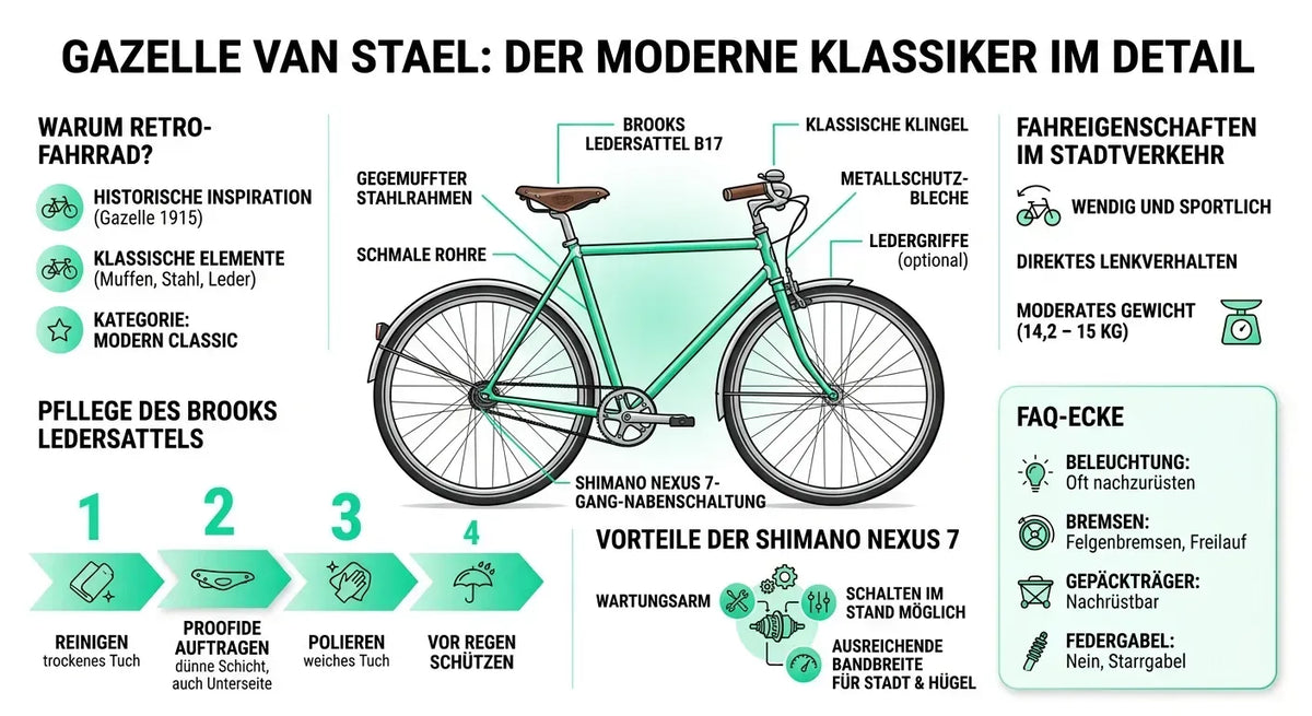 Gazelle Van Stael Fahrrad mit Brooks Ledersattel, Shimano Nexus 7-Gang-Schaltung, Retro-Design, ideal für Stadtverkehr.
