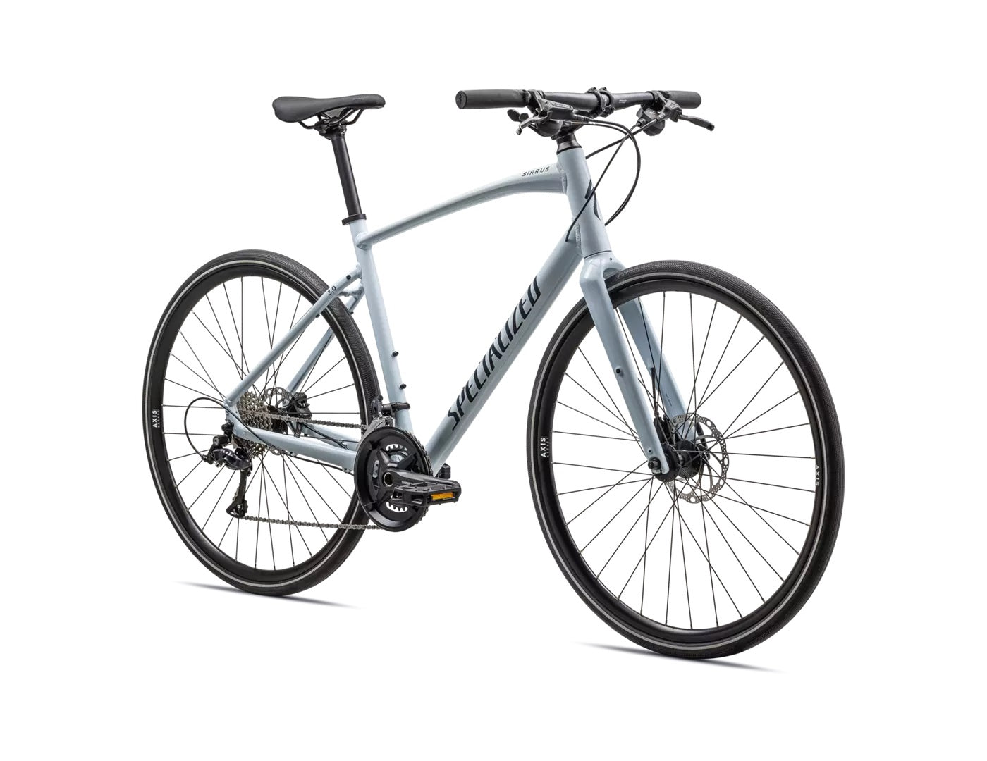 Specialized Sirrus Fahrrad in silber, geeignet für Freizeit und Pendler, mit Scheibenbremsen und flachem Lenker.