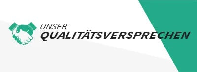 Grafik mit grünem Handschlag und Text "Unser Qualitätsversprechen" auf weißem und grünem Hintergrund.
