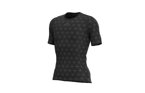 Schwarzes Funktionsunterhemd mit geometrischem Muster, ideal für Sport und Freizeit. Kurzarm, atmungsaktiv, eng anliegend.