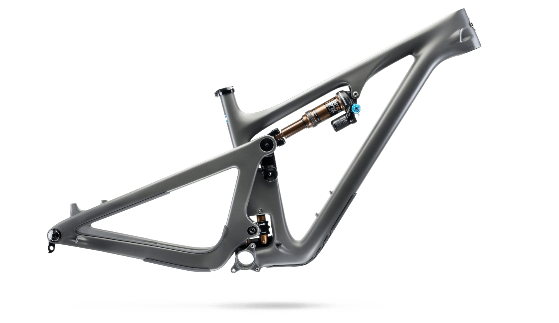 Grauer Mountainbike-Rahmen mit integriertem Dämpfer, geeignet für Offroad-Abenteuer.