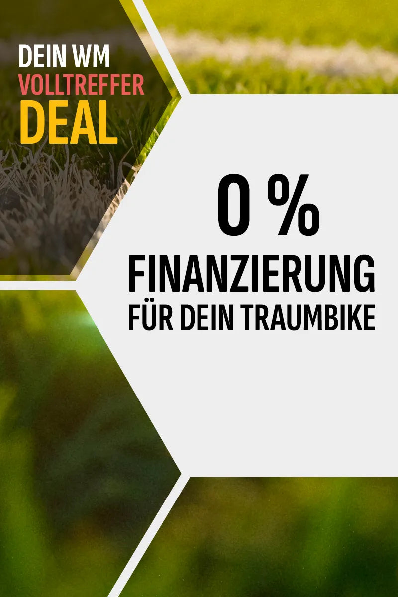Werbung für 0 % Finanzierung von Traumfahrrädern mit WM-Volltreffer-Deals auf grünem Hintergrund.