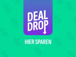 Lila Logo mit weißem "DEAL DROP"-Text und Pfeil, grüner Hintergrund, "HIER SPAREN"-Schriftzug darunter.