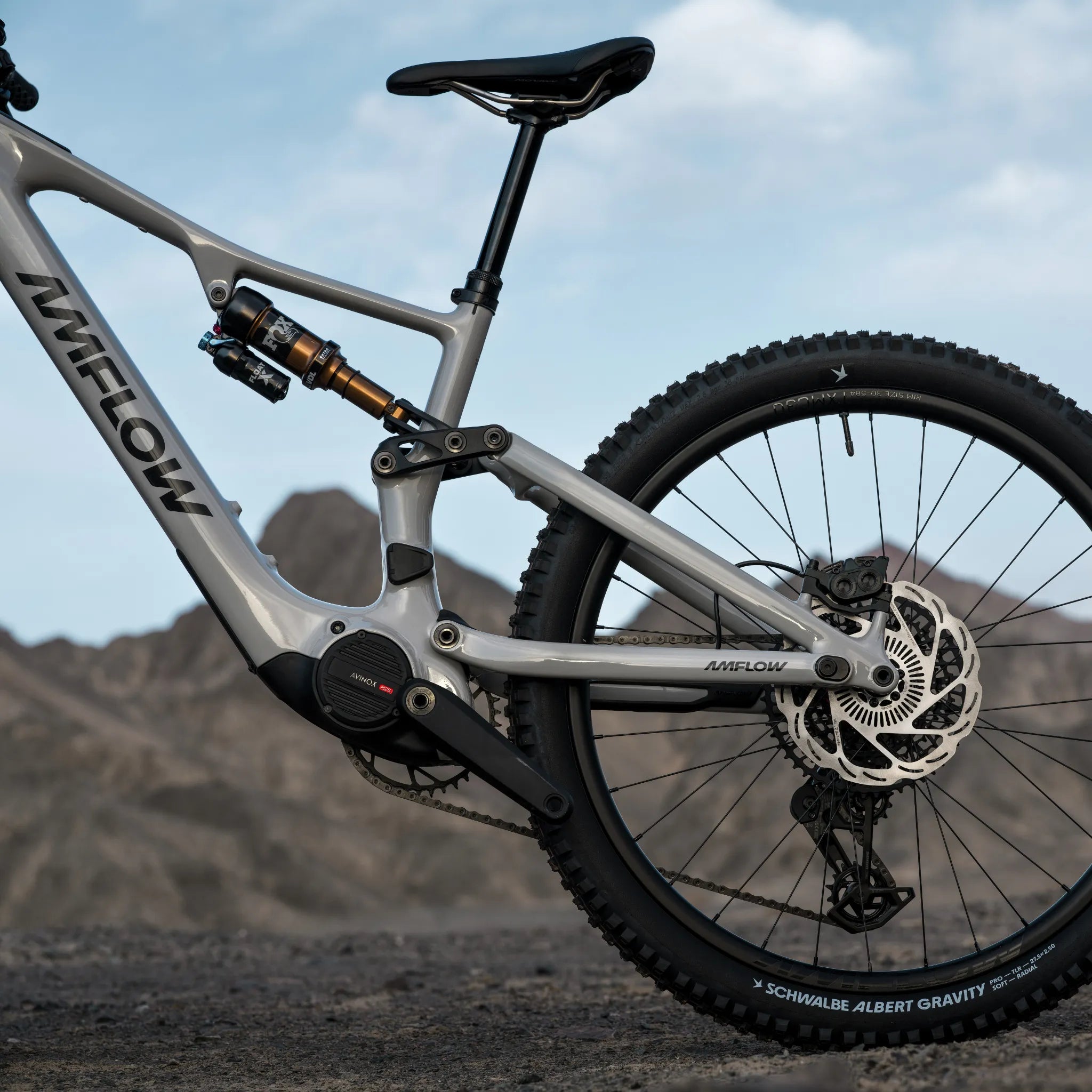 Graues AMFLOW PX Carbon Mountainbike mit Vollfederung, Schwalbe Reifen und M2s Motor, vor Bergkulisse. Ideal für Offroad-Abenteuer.