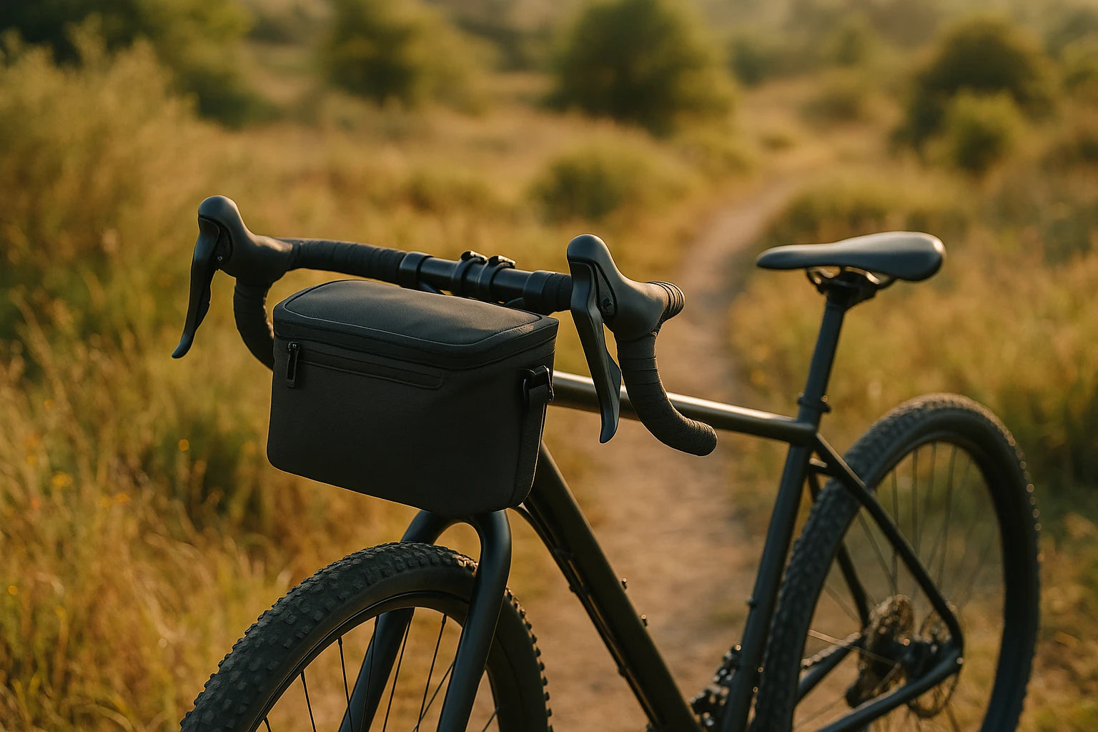 Fahrrad Lenkertasche montiert an einem Gravlbike welches auf einem Feldweg steht