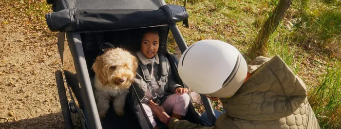 Kind und Hund in einem Croozer Fahrradanhänger für Kinder, auf einem Weg im Grünen. Erwachsener mit Helm betrachtet sie.