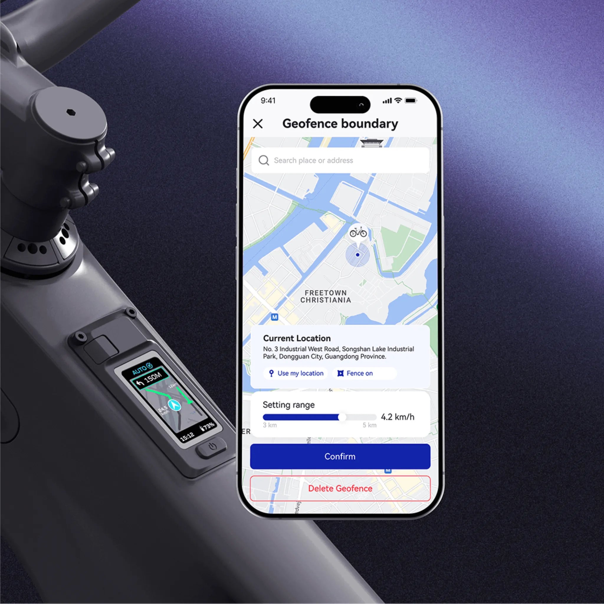 E-Bike-Display zeigt Geschwindigkeit. Smartphone-App mit Geofence-Funktion dargestellt. Ideal für urbane Radfahrer.