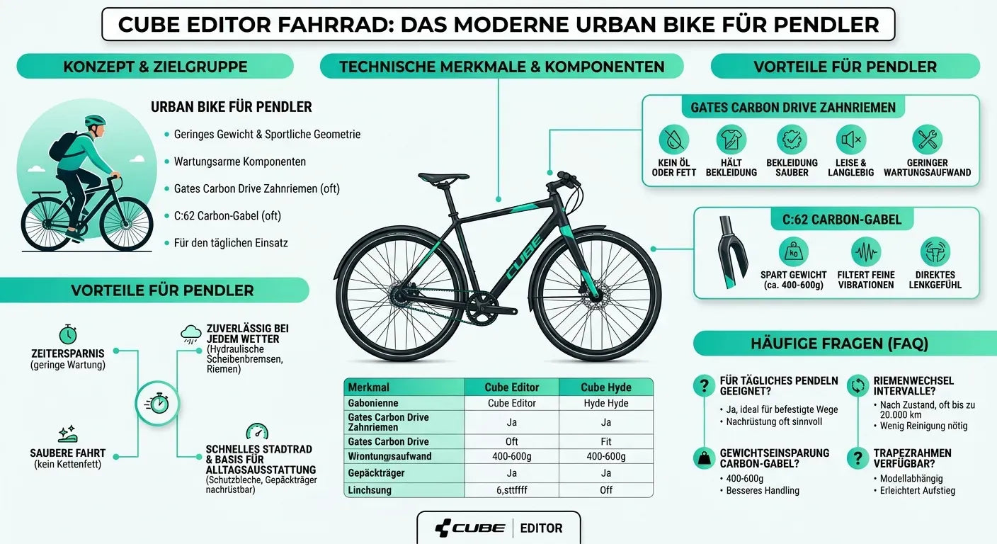 Cube Editor Fahrrad, urbanes Bike für Pendler mit Gates Carbon Drive, wasserfest, wartungsarm, sportlich, ideal für den Alltag.