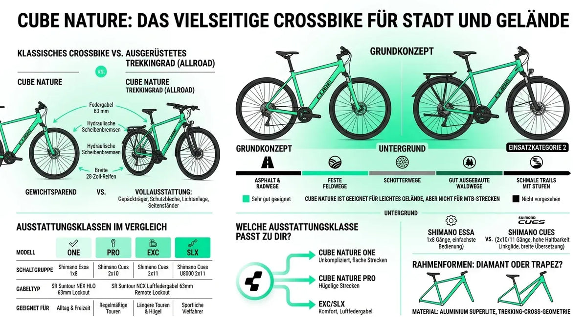 Infografik zu Cube Nature Crossbike für Stadt und Gelände, Modelle Nature, Nature Pro, Nature EXC und Nature SLX, Ausstattung.