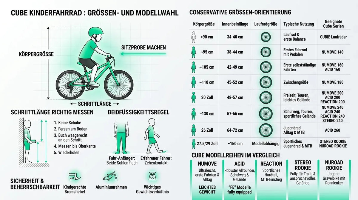 Größentabelle für Cube Kinderfahrräder zeigt Körpergröße, Schrittlänge und passende Modelle für verschiedene Altersgruppen.
