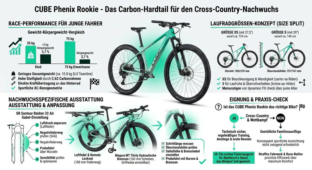 CUBE PHENIX C:62 ROOKIE SLX
, Carbon-Hardtail-Bike, optimiert für junge Cross-Country-Fahrer. Leichtgewicht und wettkampftauglich.