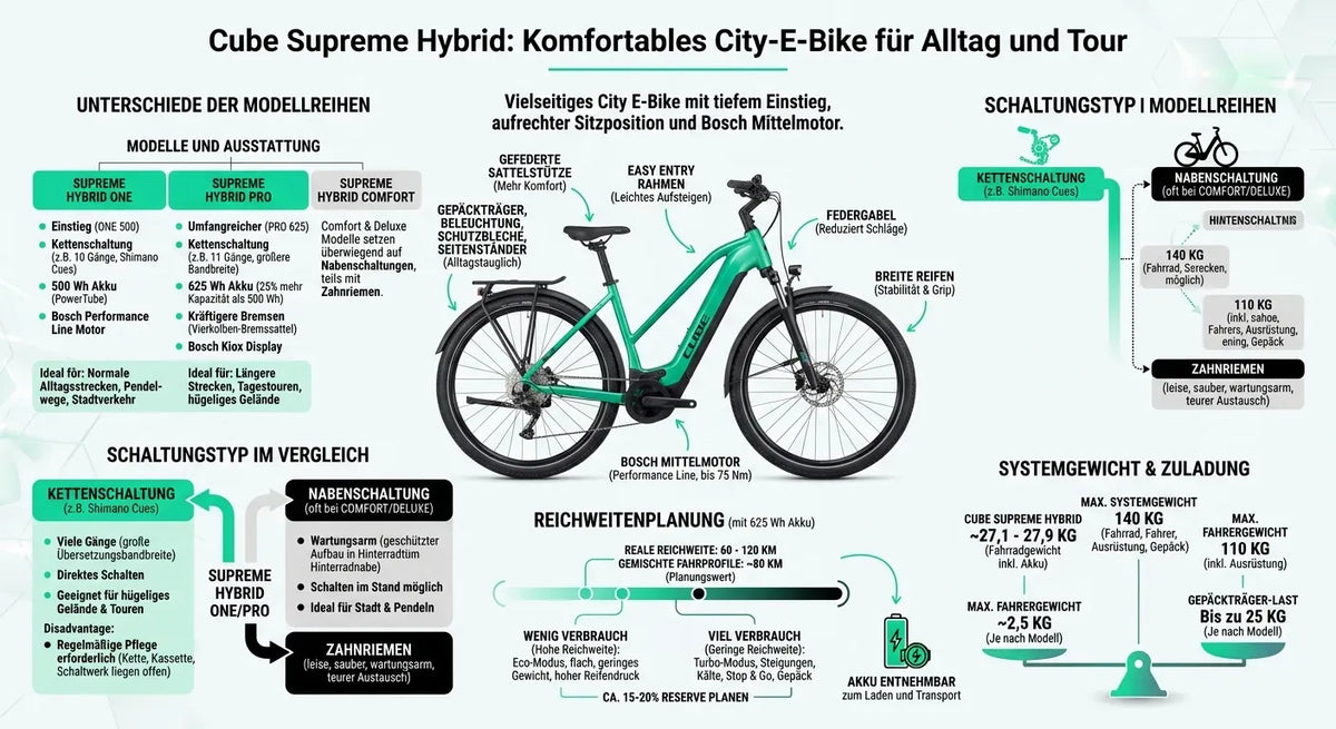 Cube Supreme Hybrid E-Bike: Grün, City-/Tourenrad, Bosch Mittelmotor, Kettenschaltung, gefederte Sattelstütze, breite Reifen.