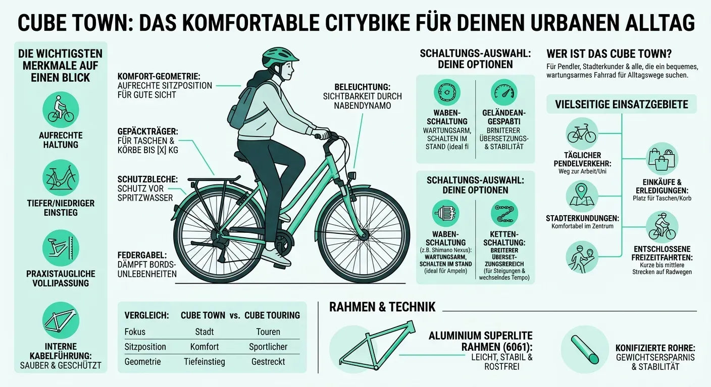 Cube Town Citybike mit tiefem Einstieg, aufrechter Haltung, Gepäckträger, Schutzblechen und Nabenbeleuchtung für Pendler.