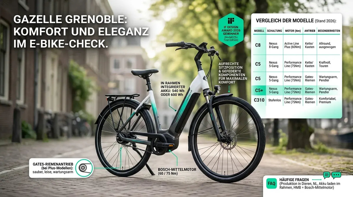 E-Bike Gazelle Grenoble C5+ mit integriertem Akku und Bosch-Motor, ideal für Pendler, wartungsarm mit Gates-Riemenantrieb.